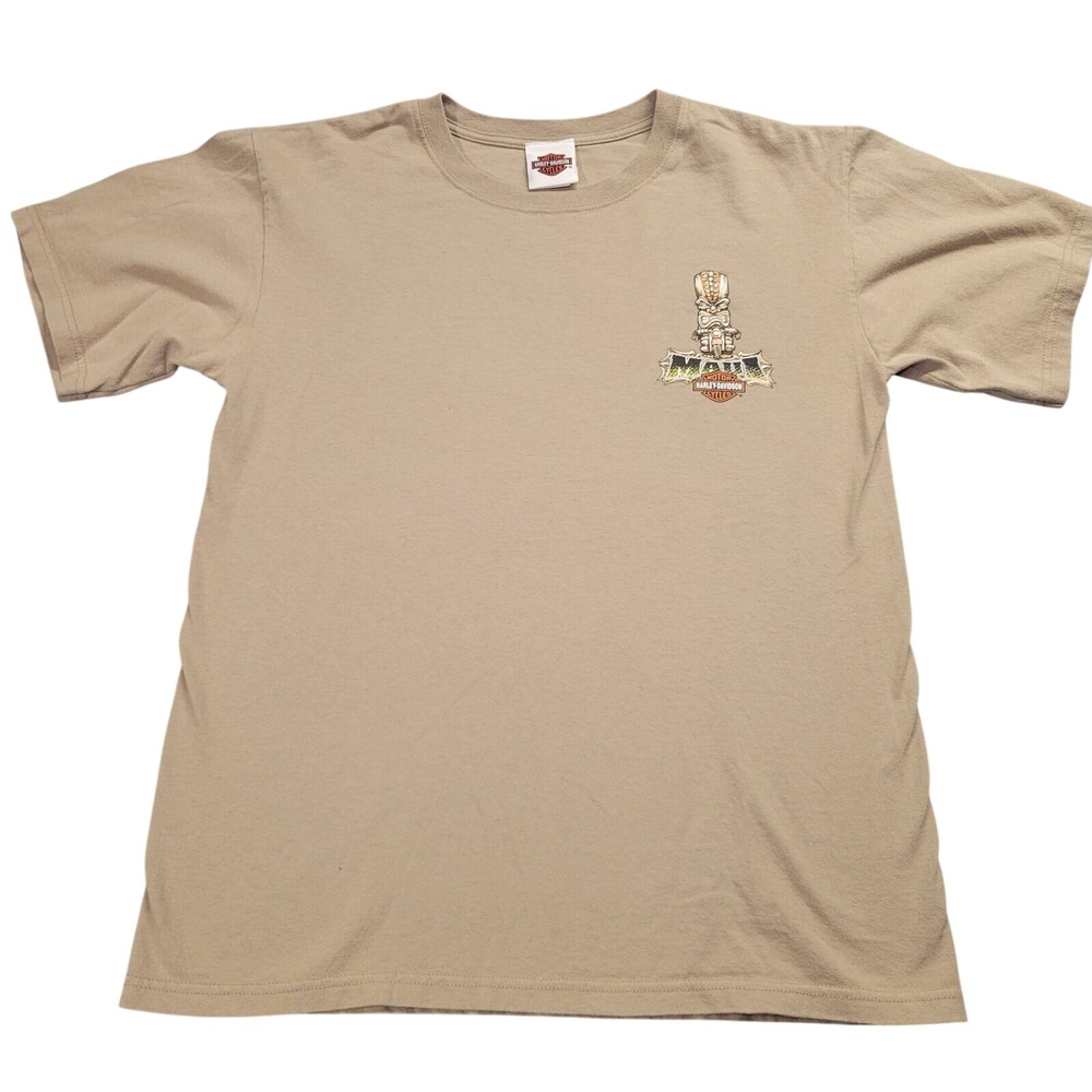 Harley Davidson Maui Hawaii Tiki Biker Graphic T-Shirt Tan Mens Medium M